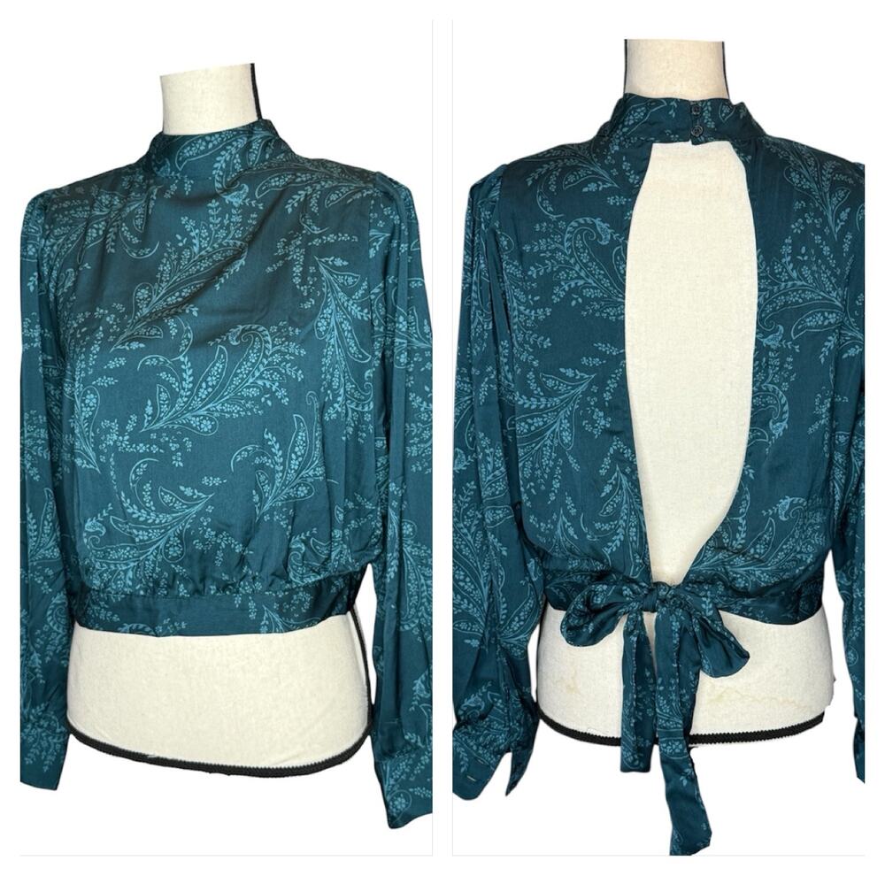 Banana Republic Top Long Sleeve Open Back Satin Paisley Blouse Teal High Neck M